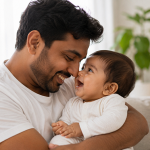 Father lovingly holding her baby during a paternity DNA testing consultation, representing paternity DNA test, biological relationship verification, and accurate DNA testing services in India