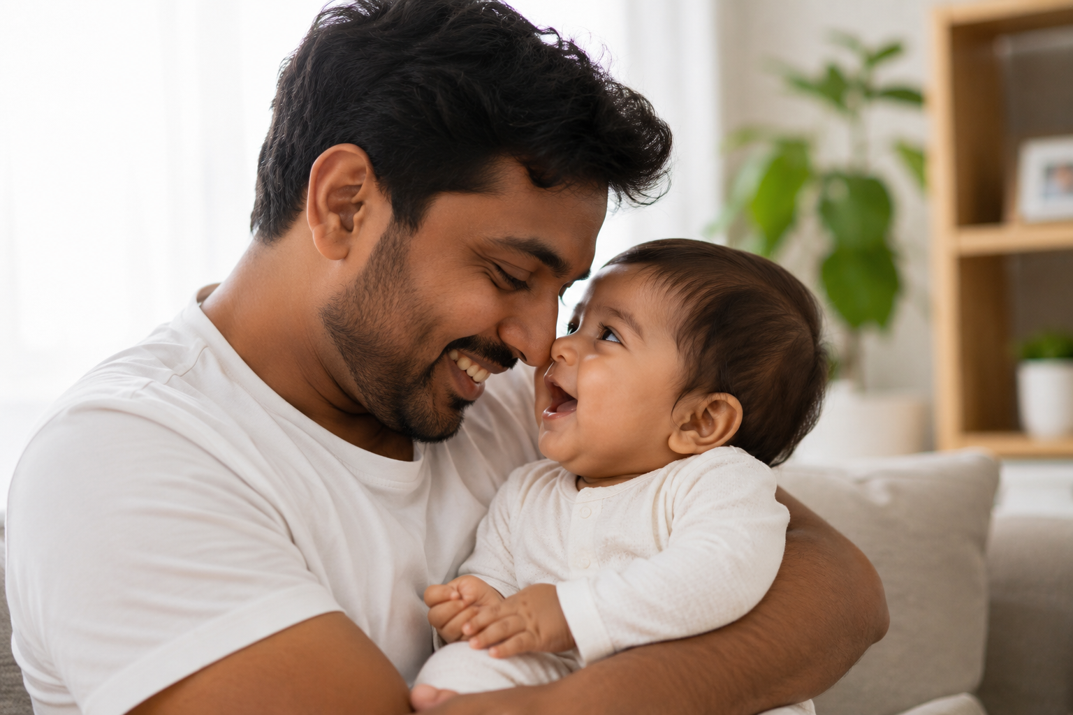 Father lovingly holding her baby during a paternity DNA testing consultation, representing paternity DNA test, biological relationship verification, and accurate DNA testing services in India